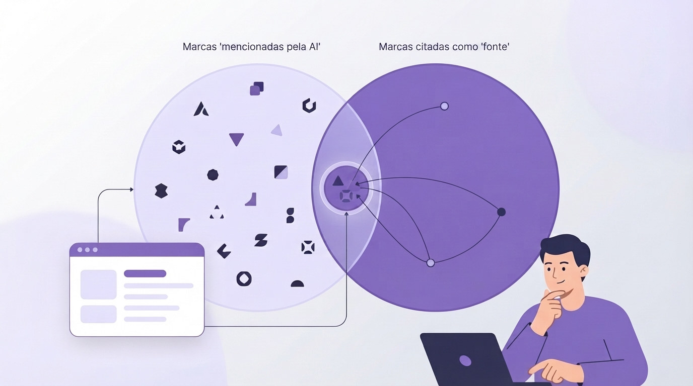 Diagrama mostrando a diferença entre marcas mencionadas e marcas citadas como fonte pela IA